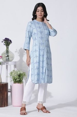 Blue Geometric Print Shirt Kurta And Straight Pants Set - Image 9