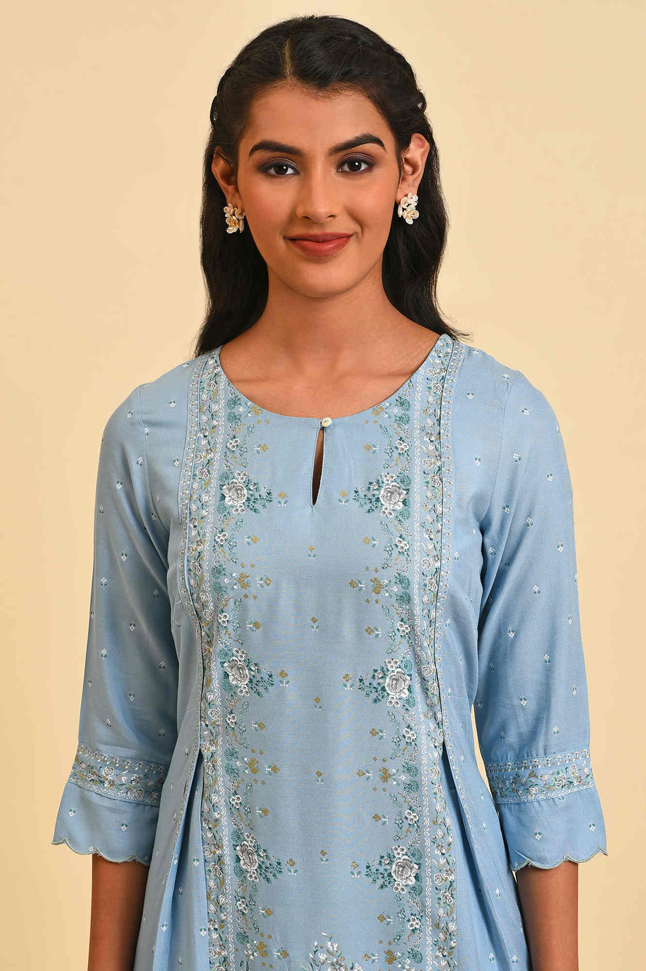 Blue Glitter Printed A-Line kurta - Image 5