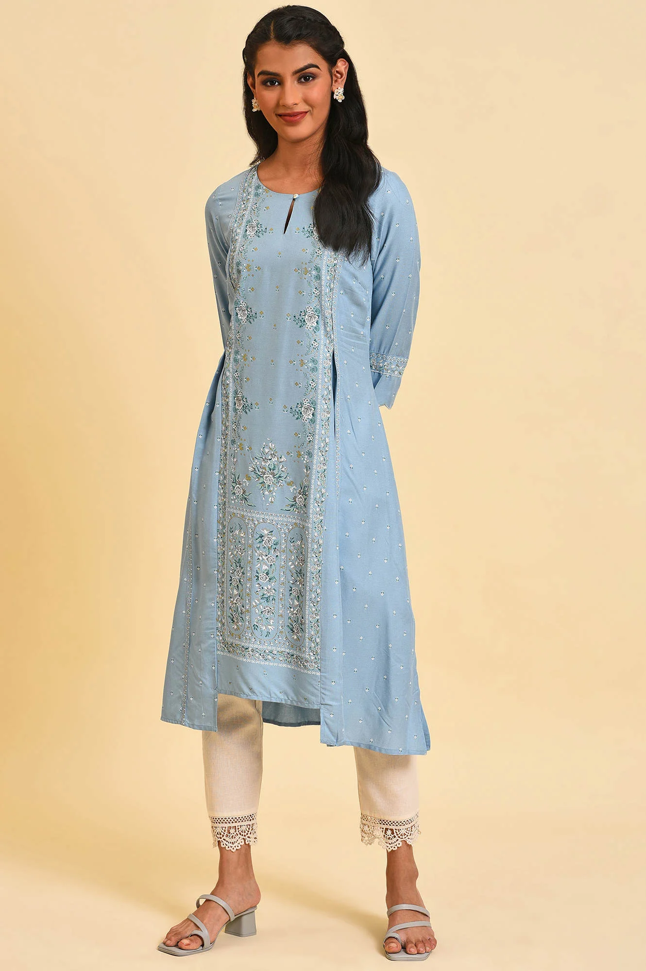 Blue Glitter Printed A-Line kurta - Image 6