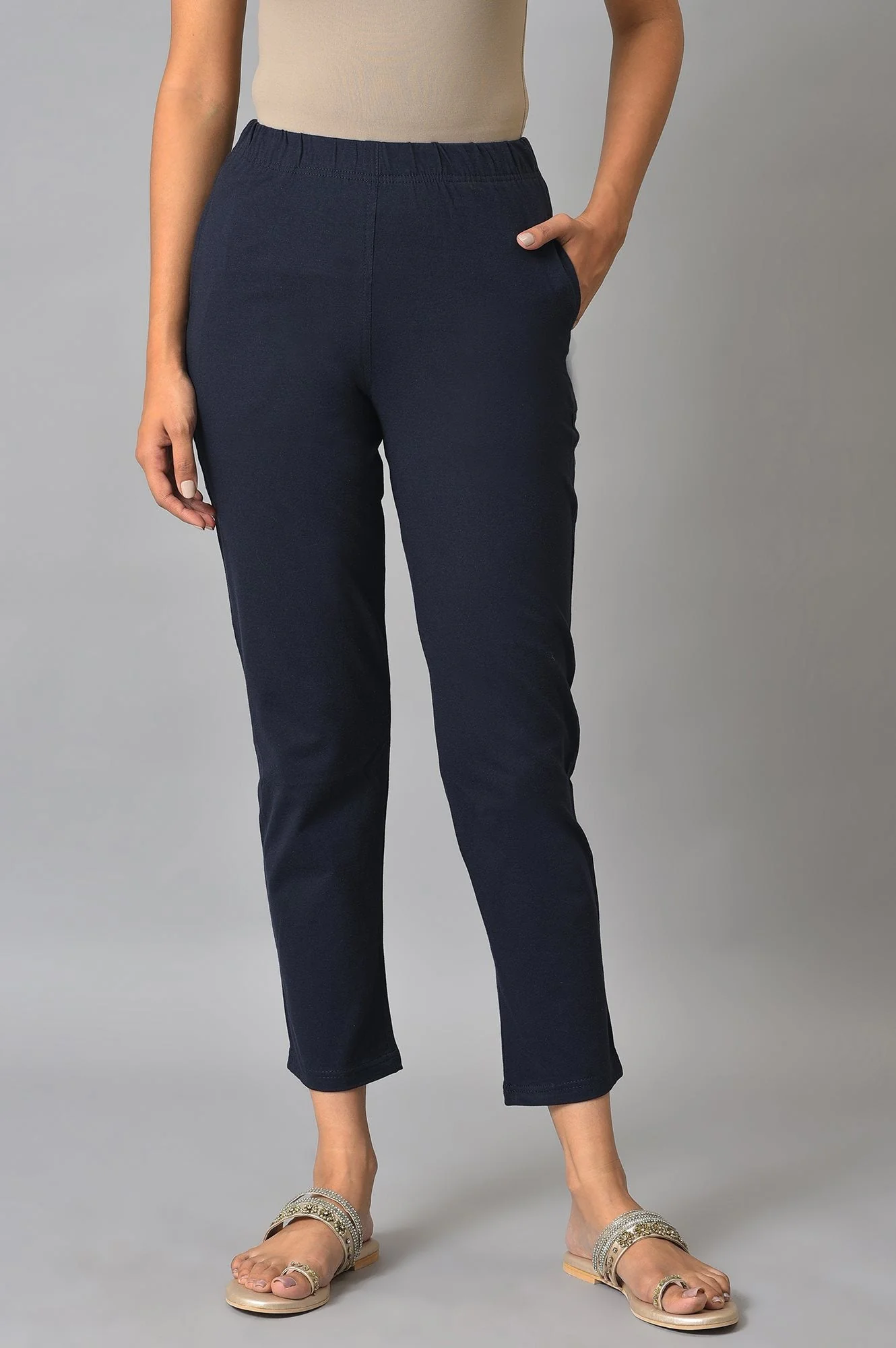 Elleven Women's Navy Blue Solid Flared Cotton Pants With Elasticated Waist