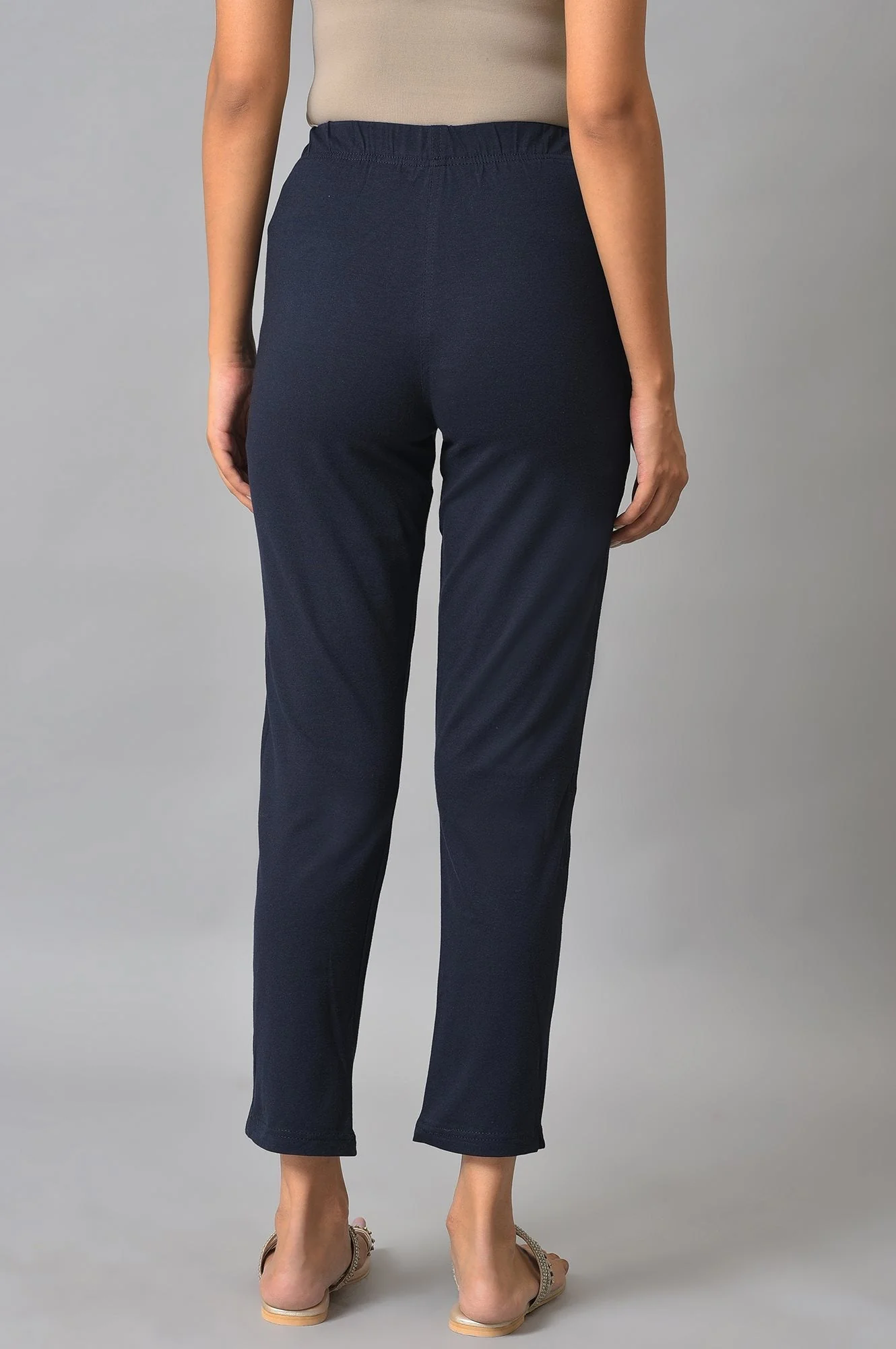 Elleven Women's Navy Blue Solid Flared Cotton Pants With Elasticated Waist - Image 2