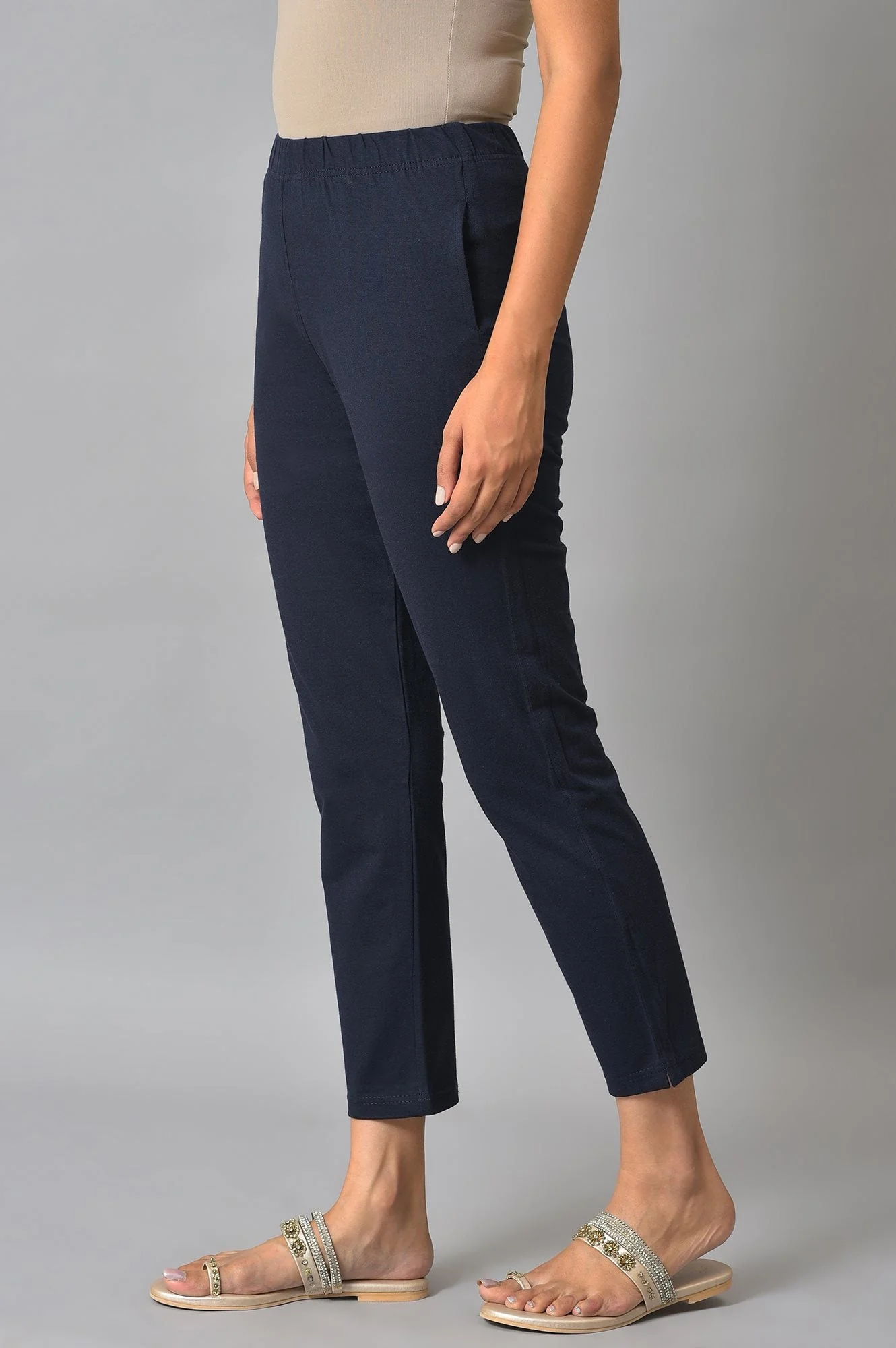 Elleven Women's Navy Blue Solid Flared Cotton Pants With Elasticated Waist - Image 3