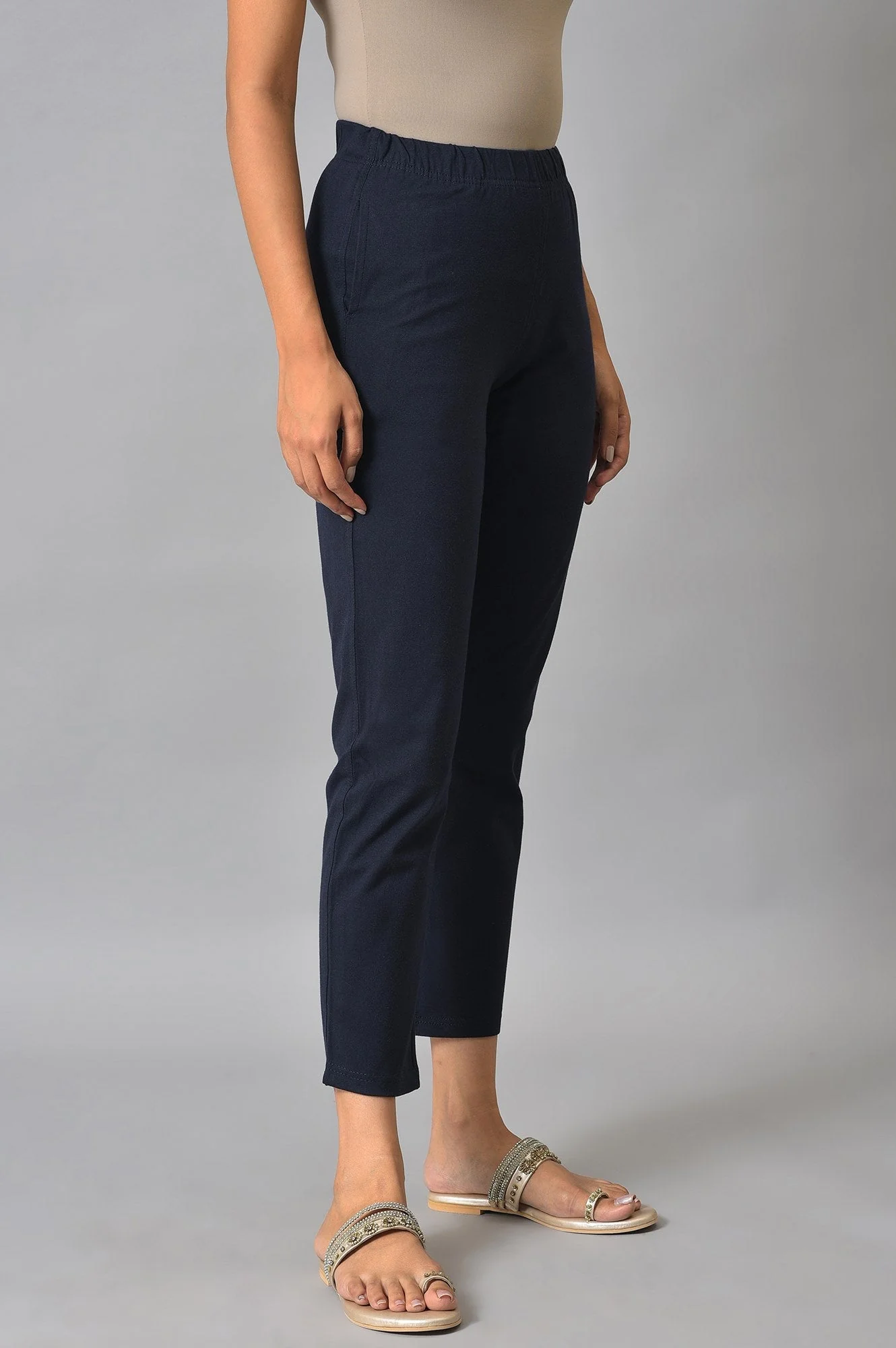 Elleven Women's Navy Blue Solid Flared Cotton Pants With Elasticated Waist - Image 4
