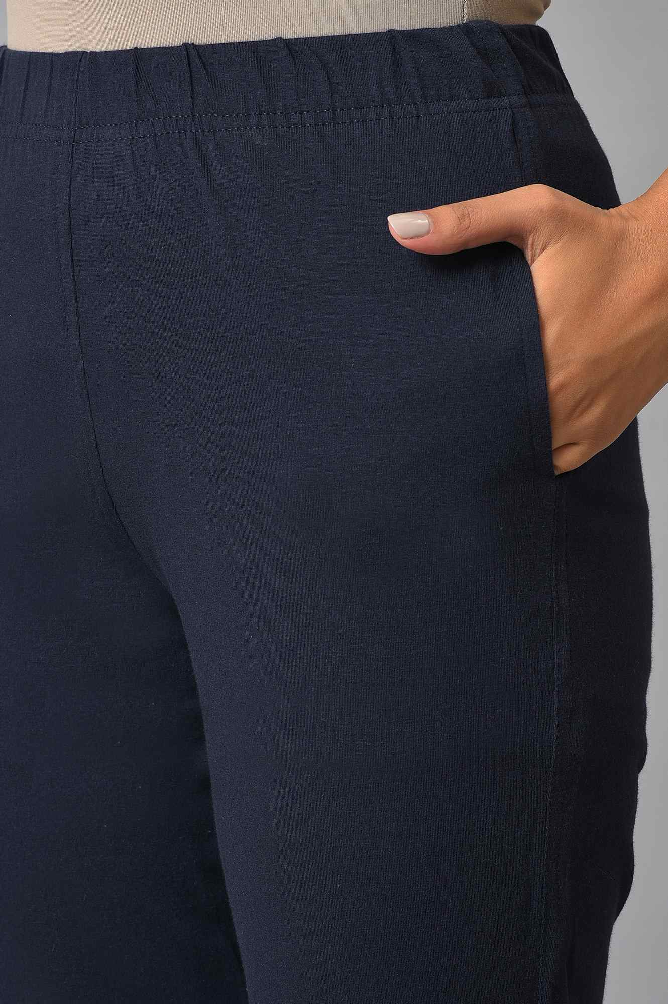 Elleven Women's Navy Blue Solid Flared Cotton Pants With Elasticated Waist - Image 7