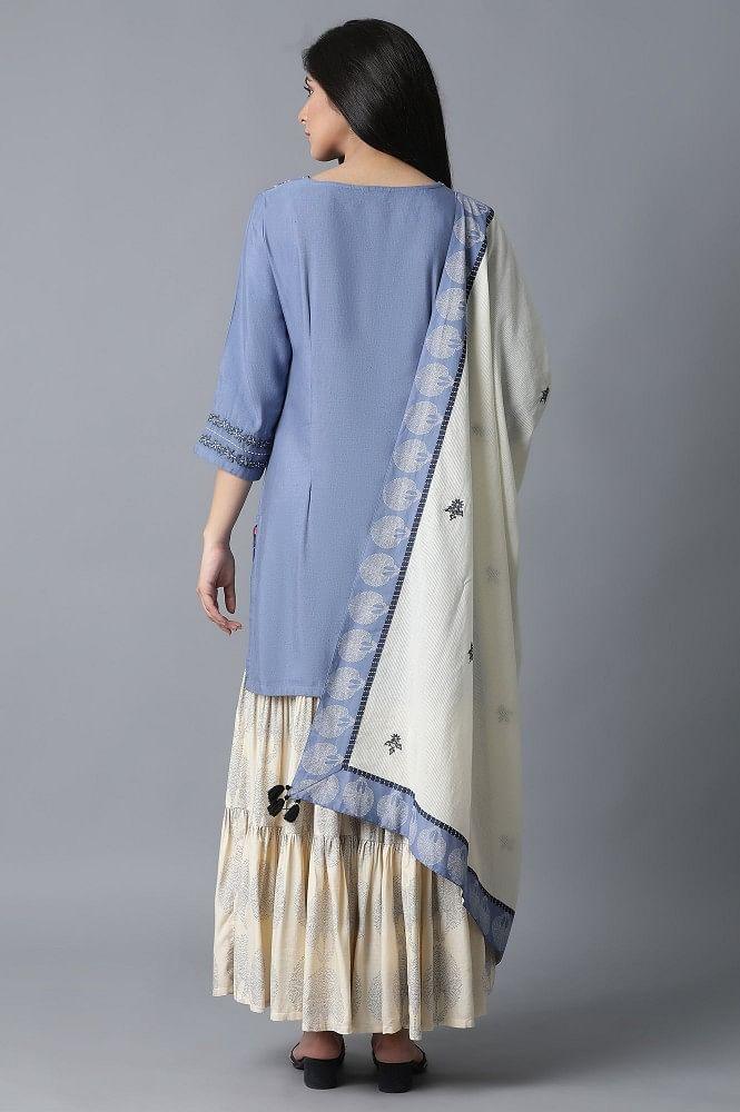 Blue kurta-Printed Sharara-Drape Set - Image 2