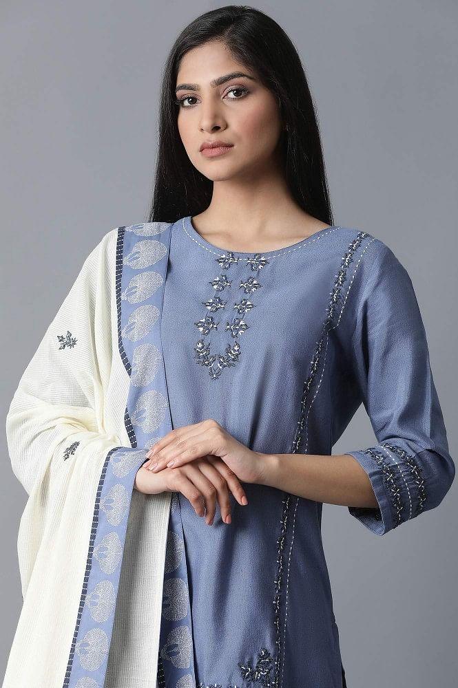 Blue kurta-Printed Sharara-Drape Set - Image 5