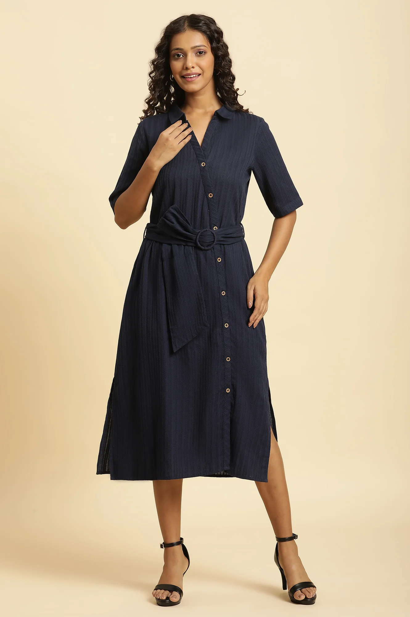 Blue Long Shirt Dress With Belt - Image 2