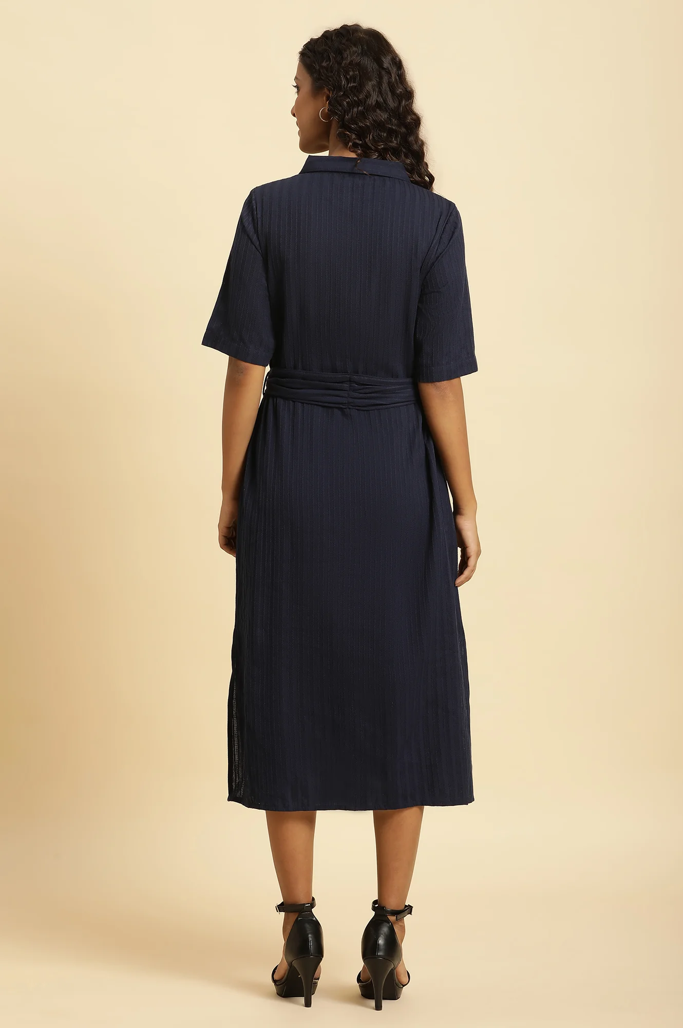 Blue Long Shirt Dress With Belt - Image 4