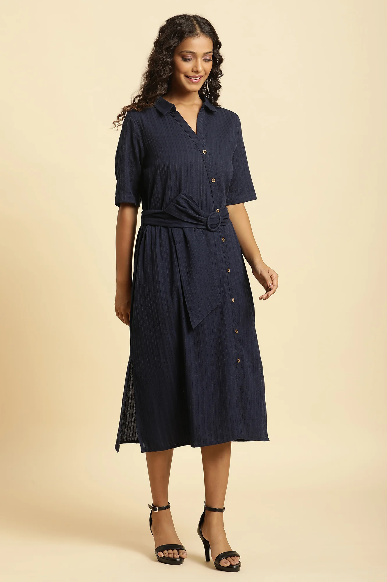 Blue Long Shirt Dress With Belt - Image 5