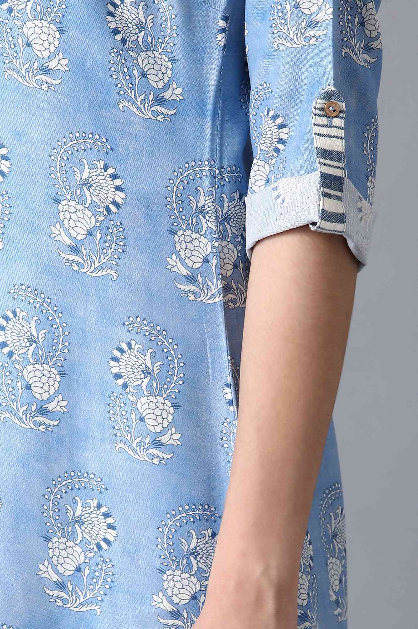 Blue Mandarin Neck Printed kurta - Image 6