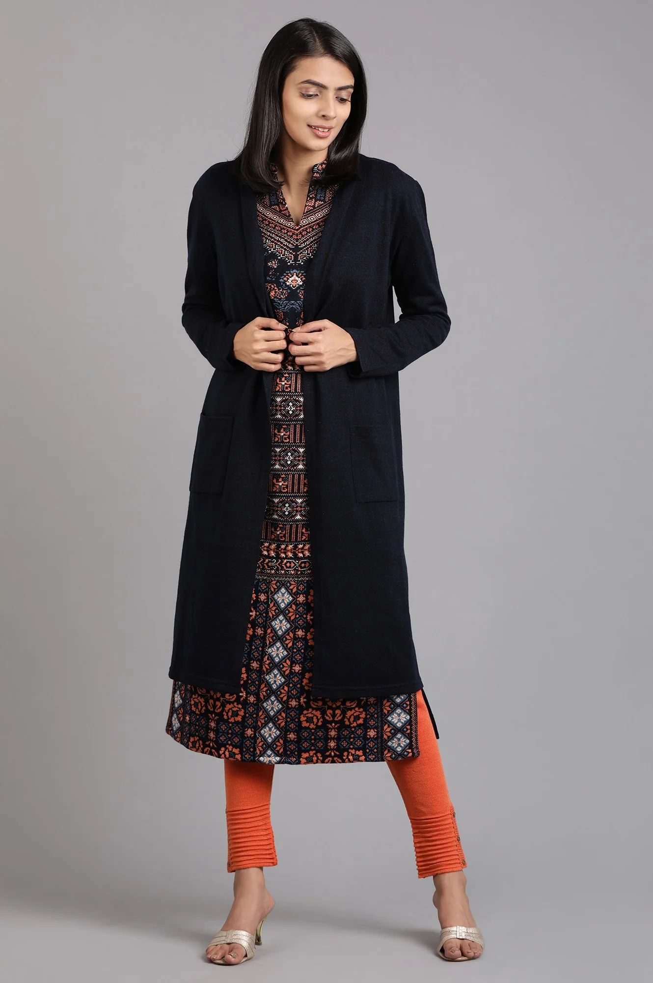 Blue Mandarin Neck Yarn-dyed Winter kurta - Image 7