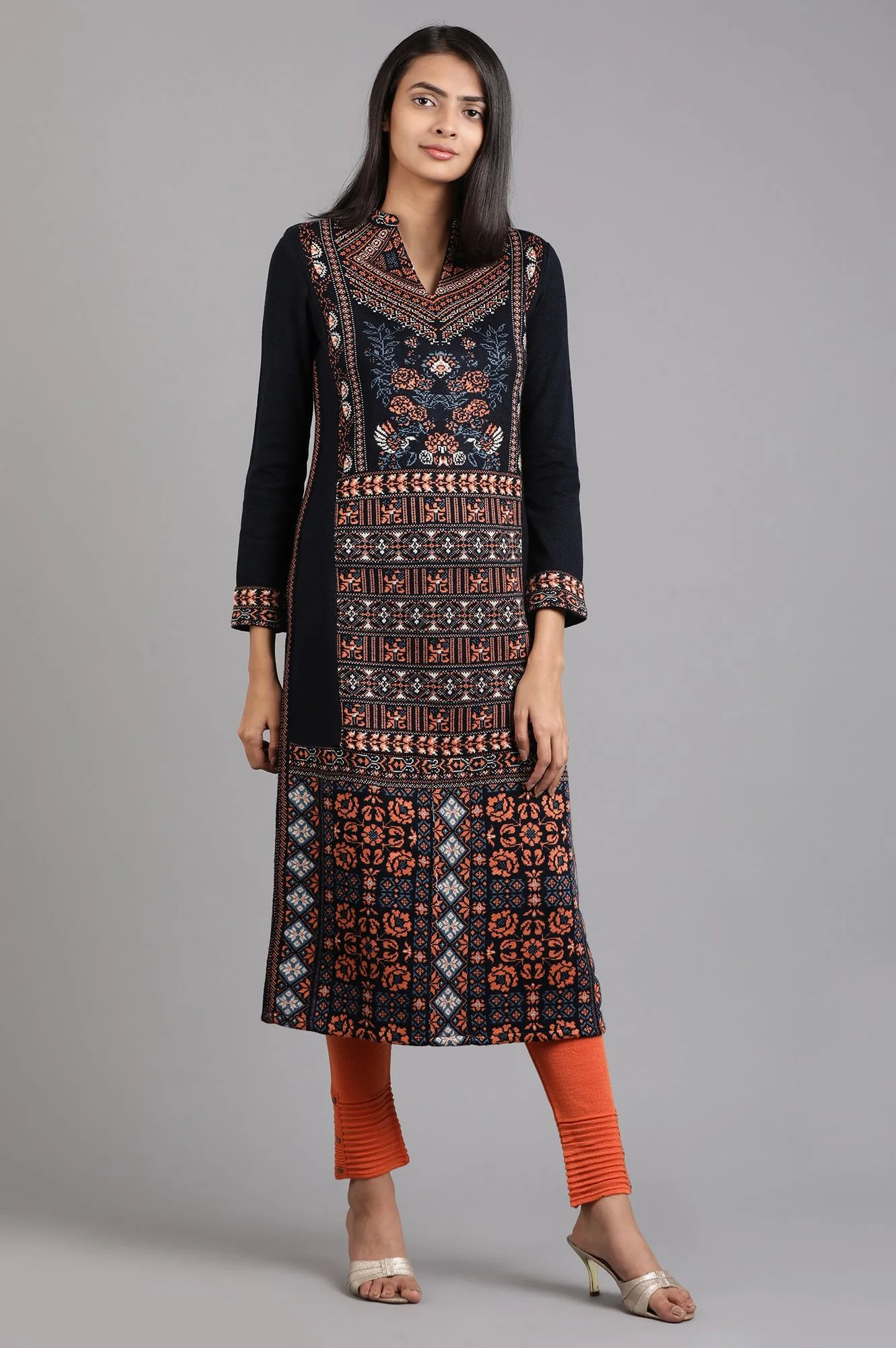 Blue Mandarin Neck Yarn-dyed Winter kurta - Image 8