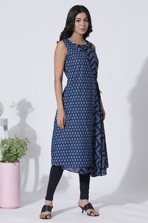 Blue Mock Wrap Printed Flared Kurta And Tights Set - Image 5