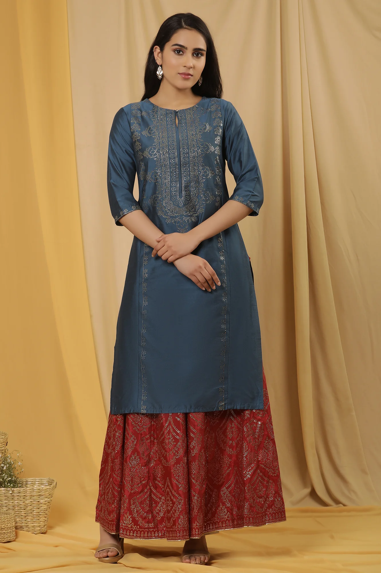 Blue Mukaish Kurta And Red Flared Skirt - Image 2
