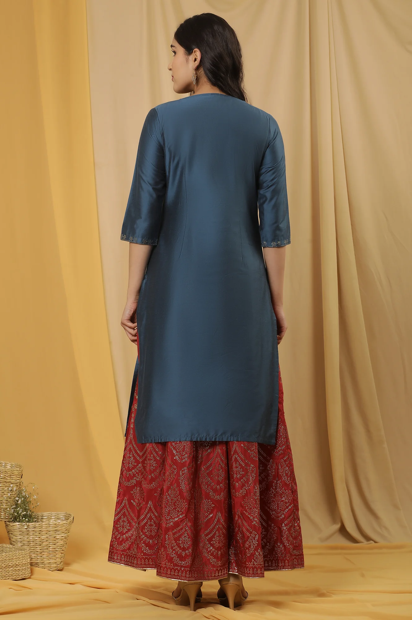 Blue Mukaish Kurta And Red Flared Skirt - Image 4