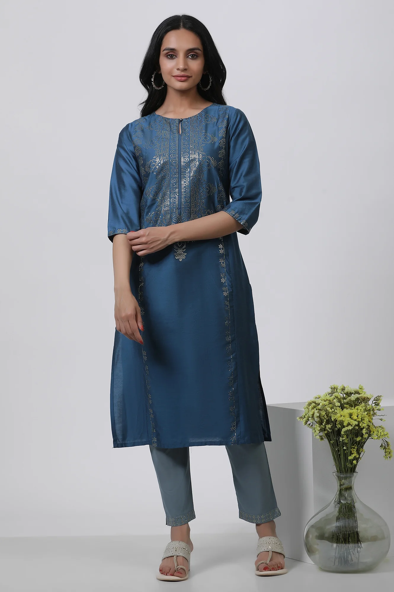 Blue Mukaish Kurta And Slim Pants Set - Image 2