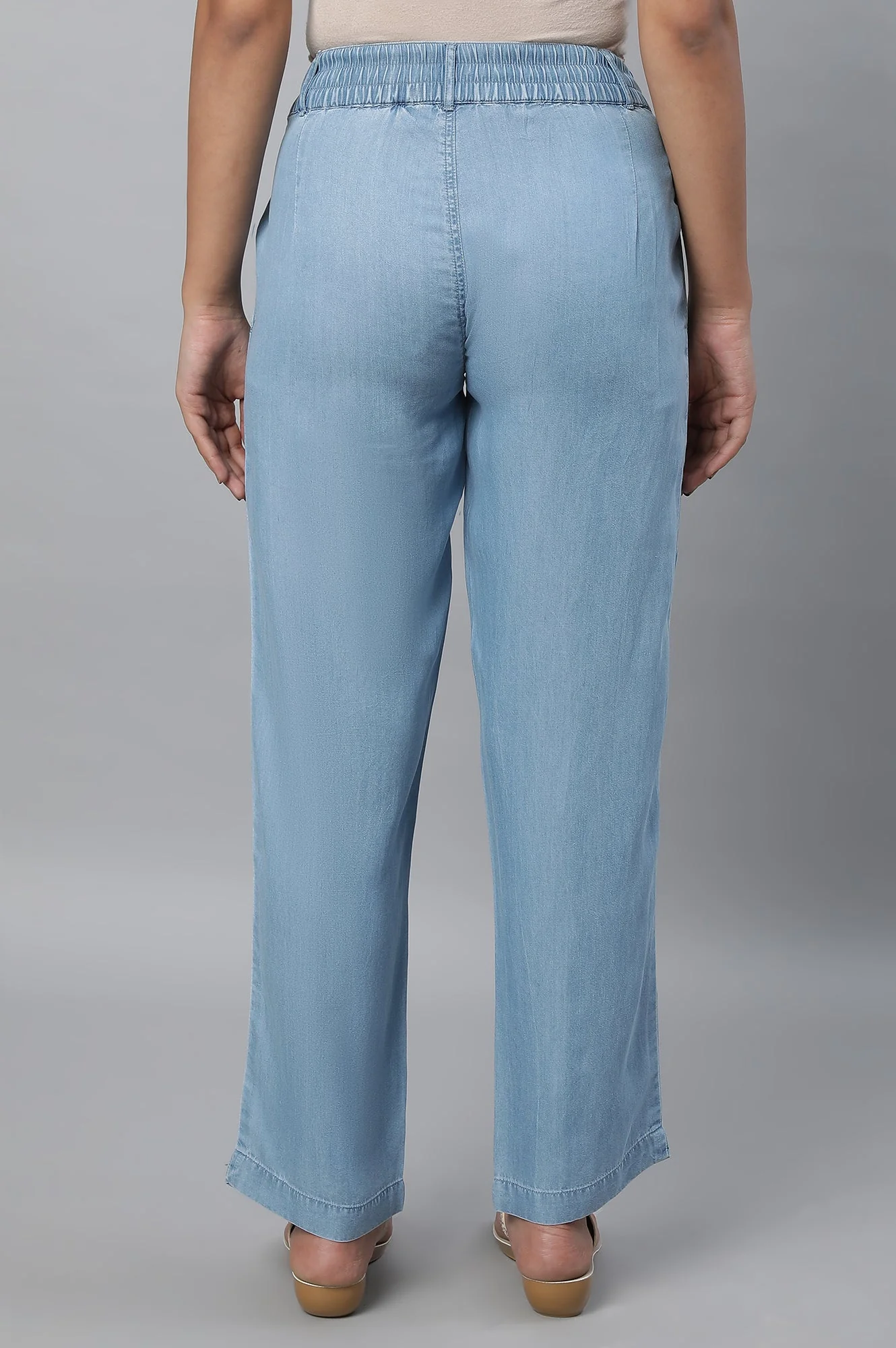 Elleven Women's Light Blue Solid Straight Fit Denim Palazzo With Pleated Detail - Image 2