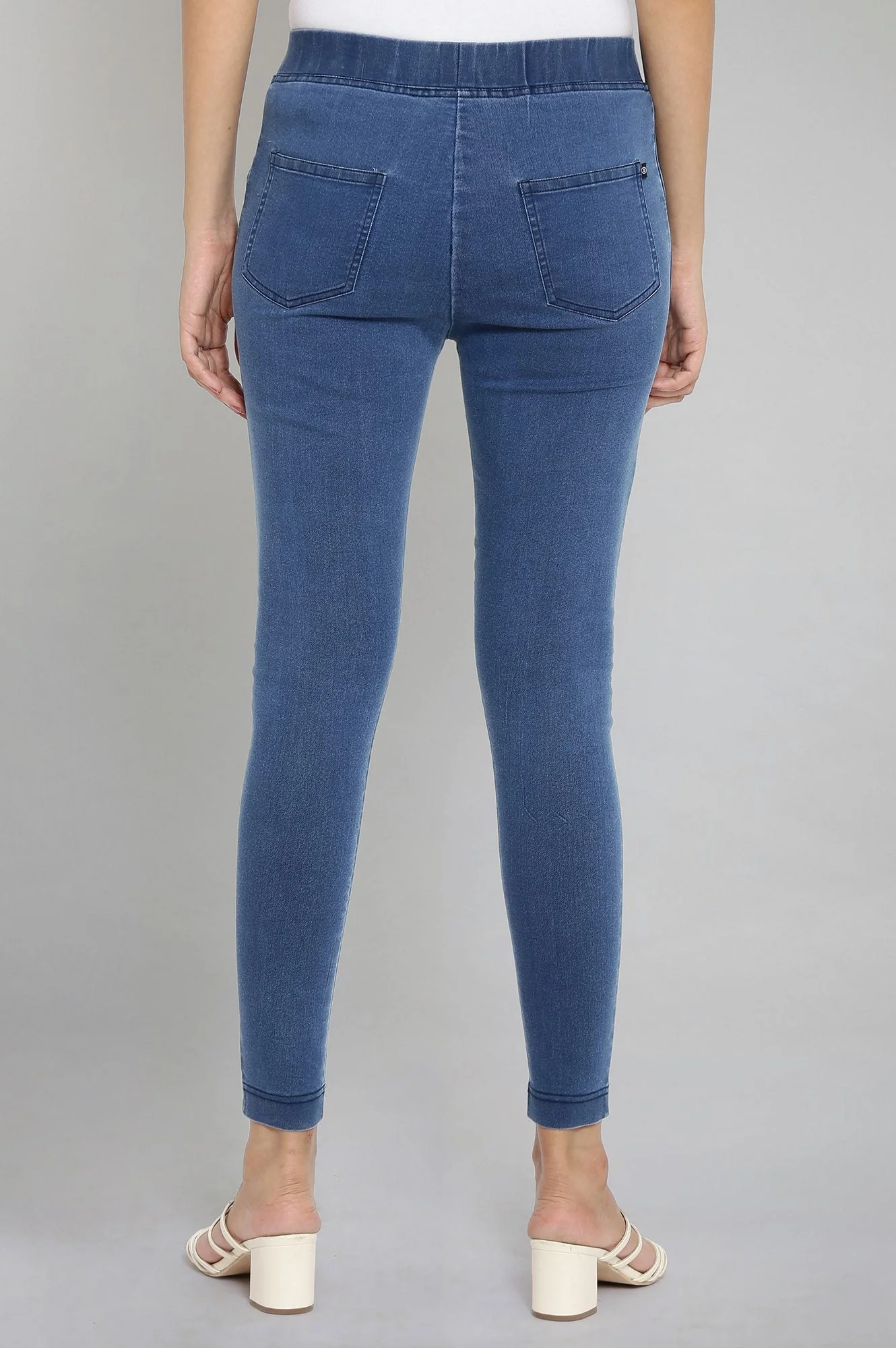 Ice Blue Solid Slim-fit Denim Jeggings with Elasticated Waist - Image 2