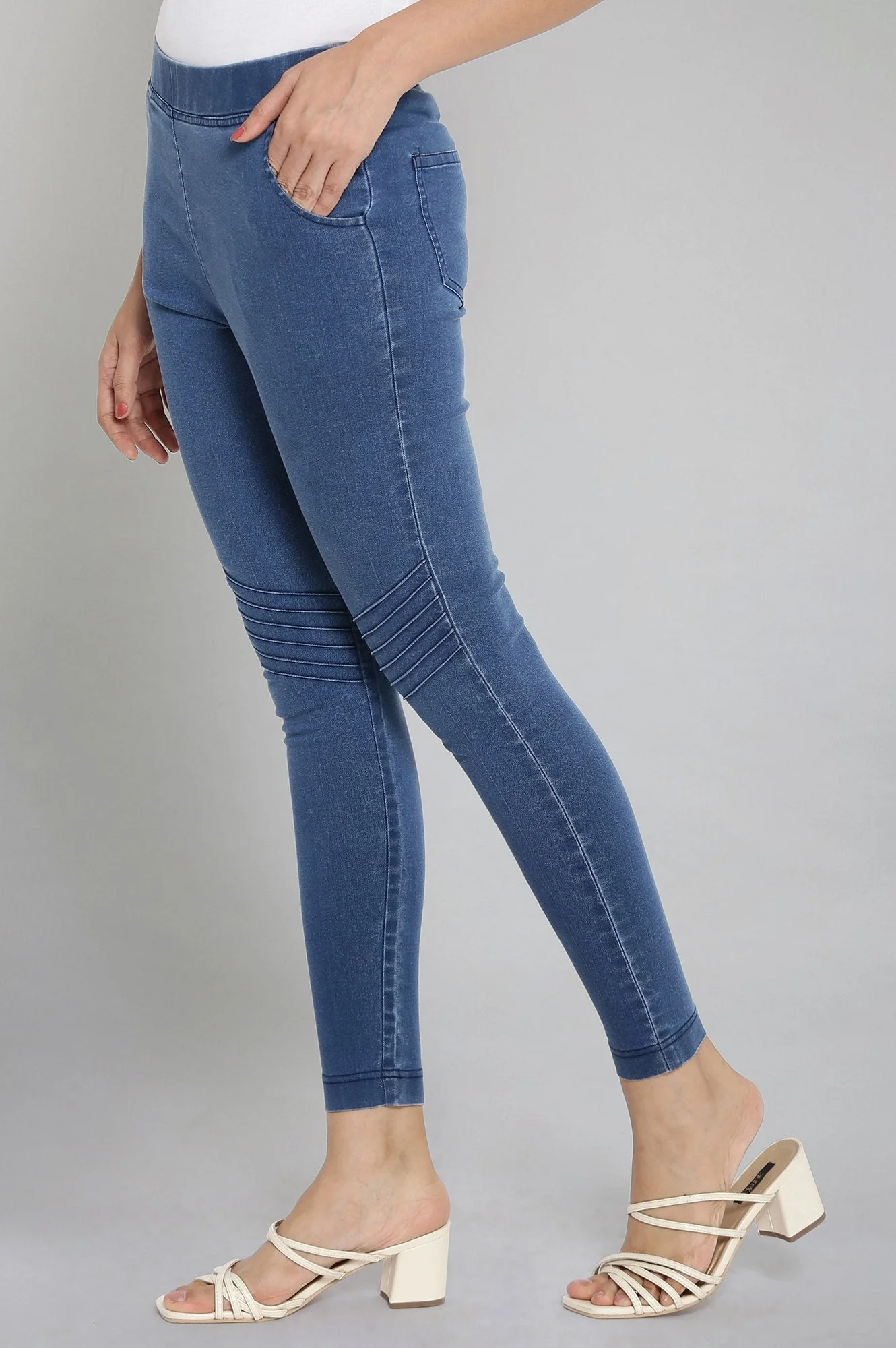 Ice Blue Solid Slim-fit Denim Jeggings with Elasticated Waist - Image 3