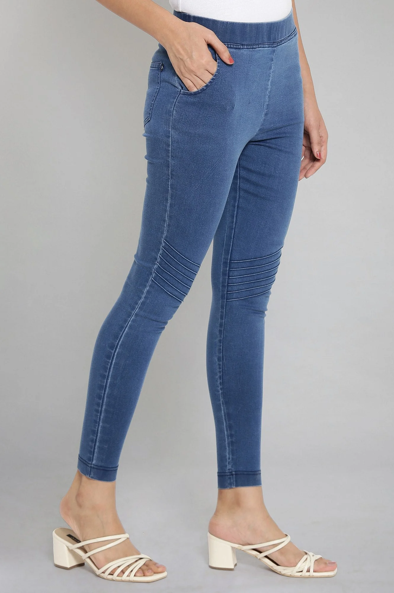 Ice Blue Solid Slim-fit Denim Jeggings with Elasticated Waist - Image 4