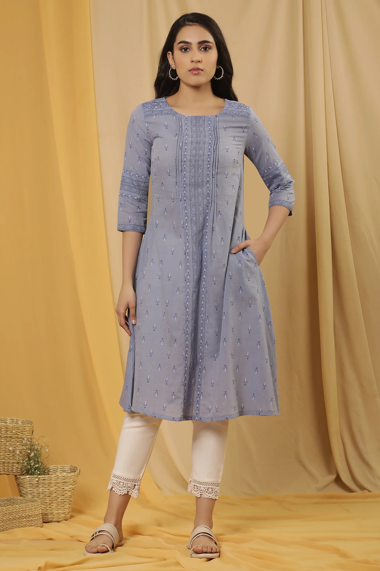 Blue Printed A-Line Kurta And Pants Set - Image 2