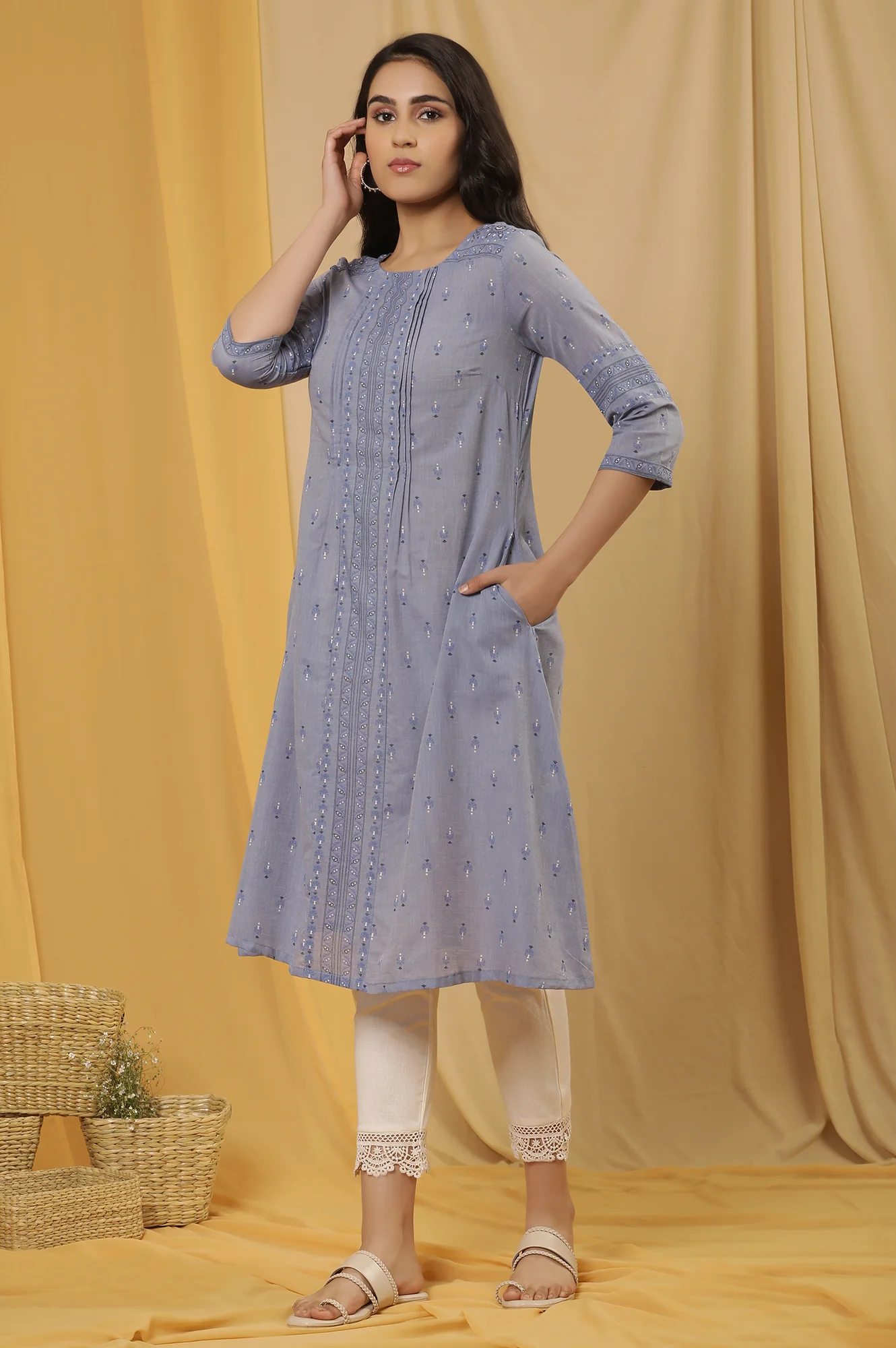 Blue Printed A-Line Kurta And Pants Set - Image 3