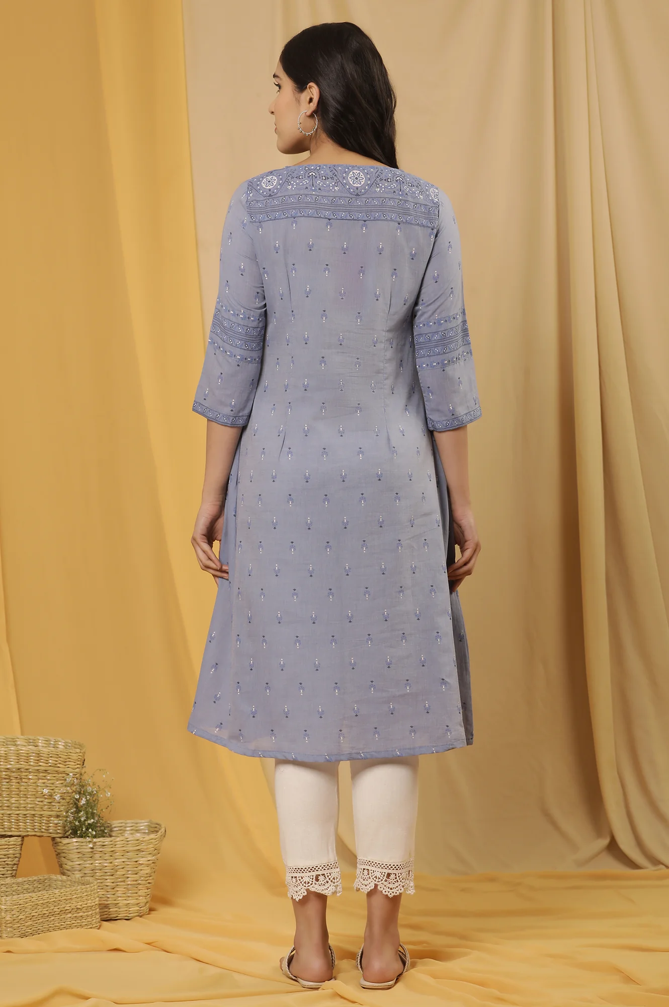 Blue Printed A-Line Kurta And Pants Set - Image 4