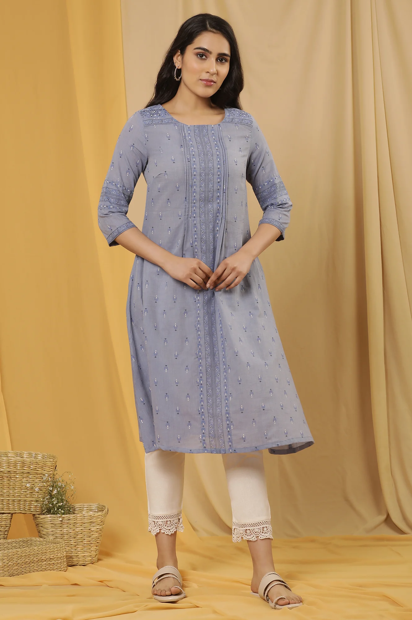 Blue Printed A-Line Kurta And Pants Set - Image 5