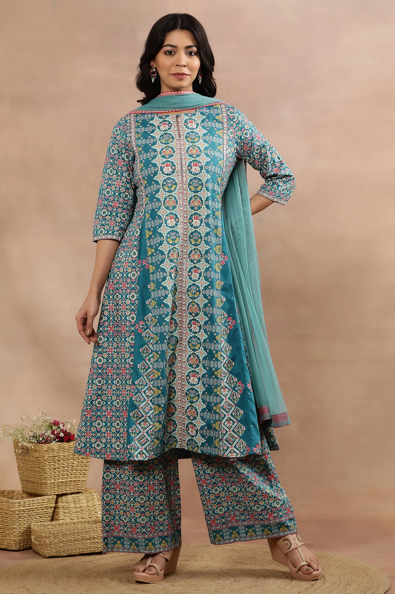 Blue Printed A-Line Kurta, Parallel Pants And Dupatta Set - Image 2