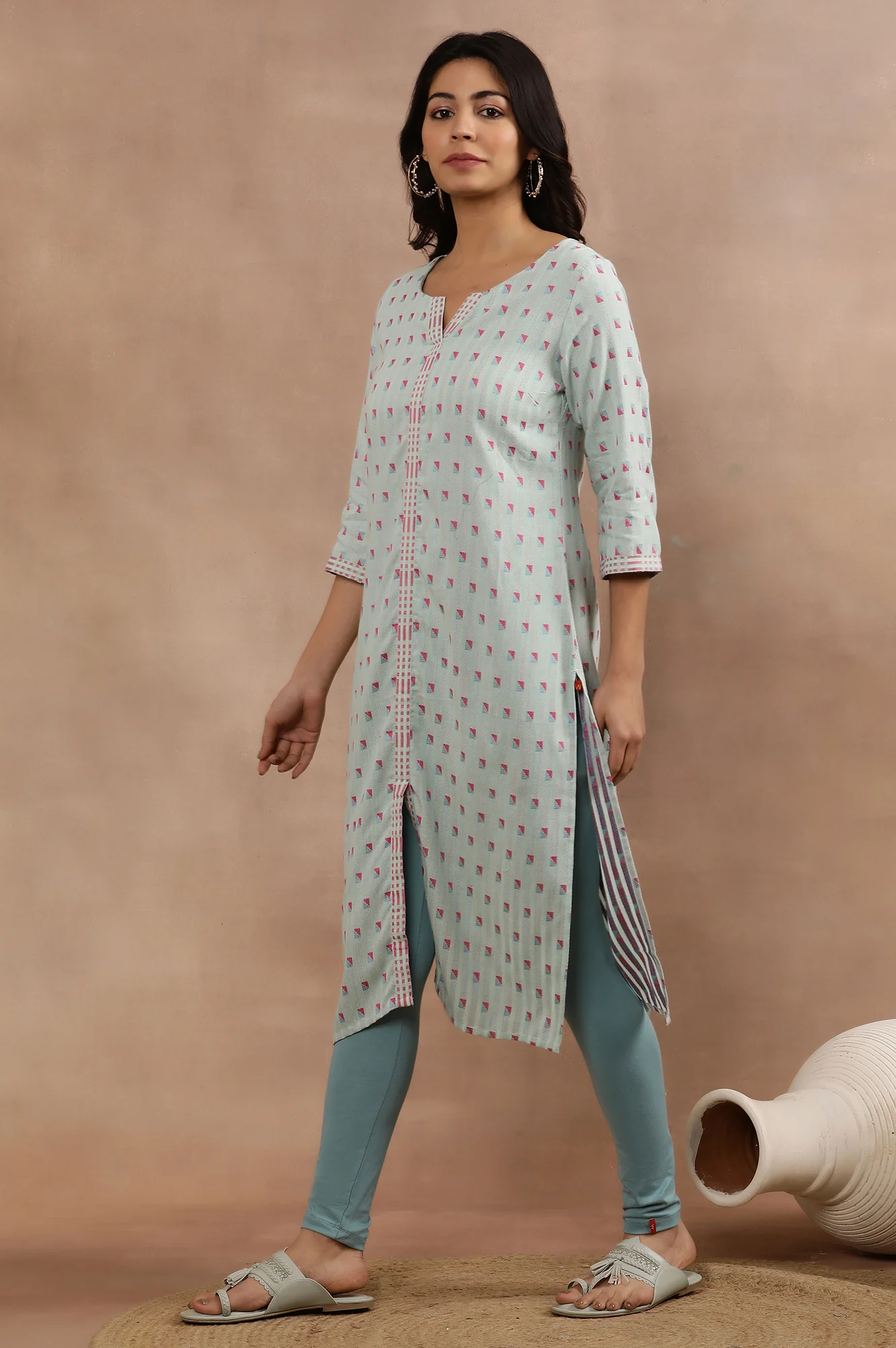 Blue Printed Cotton Dobby Kurta And Tights - Image 3