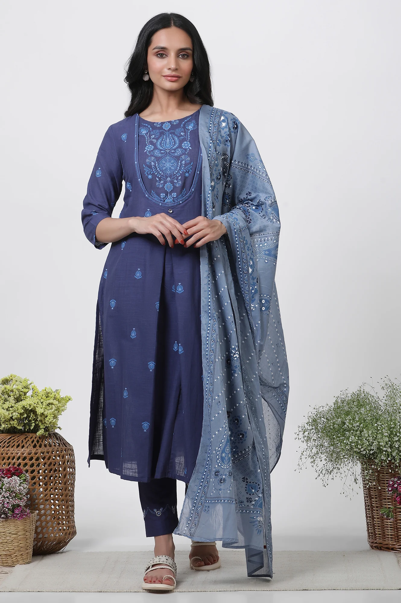 Blue Printed Cotton Kurta, Pants And Dupatta Set - Image 2