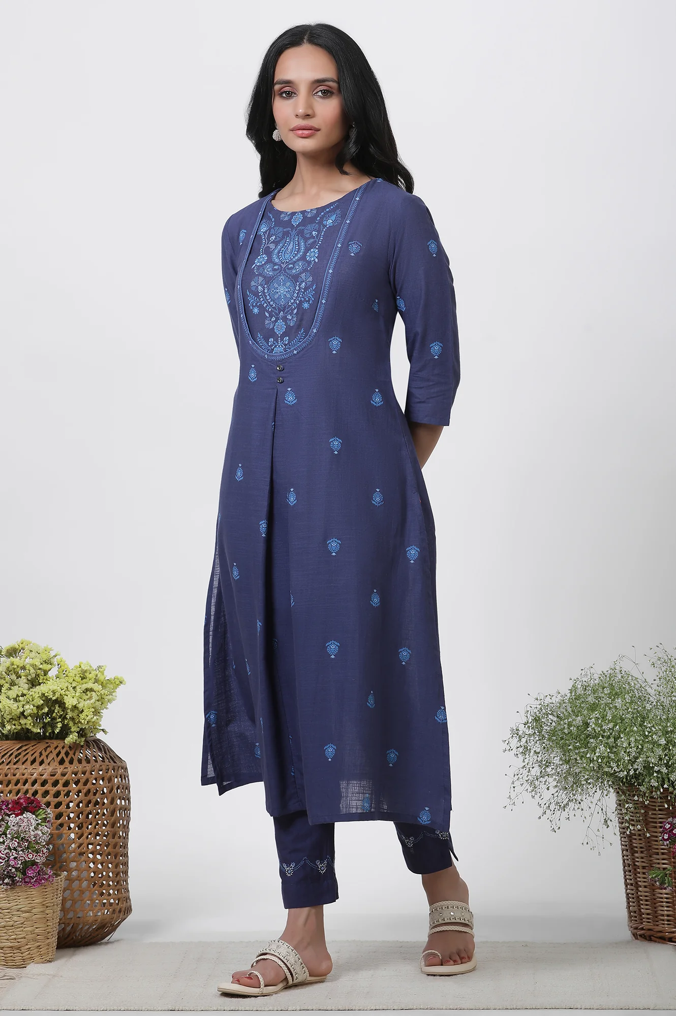 Blue Printed Cotton Kurta, Pants And Dupatta Set - Image 3