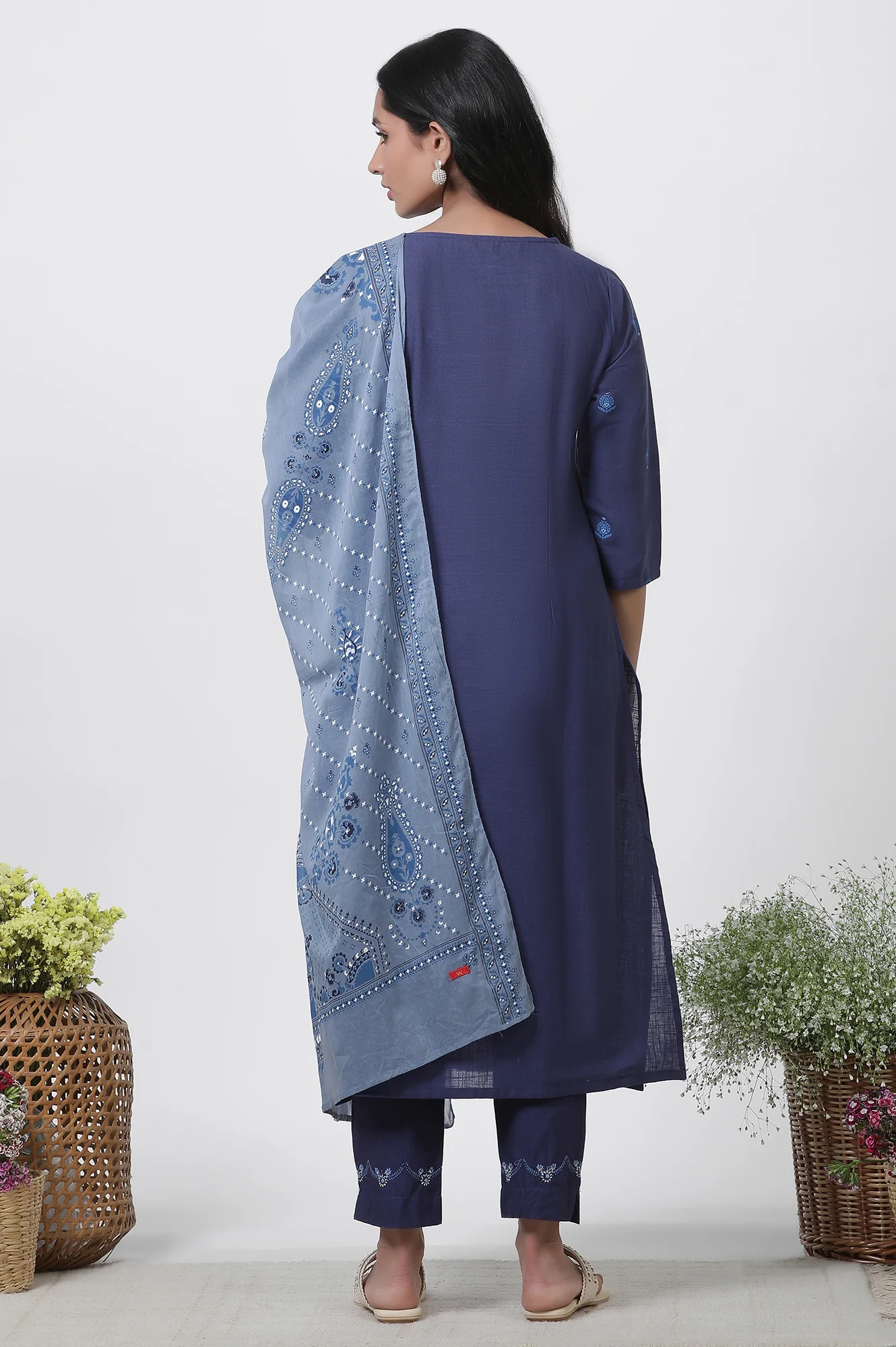 Blue Printed Cotton Kurta, Pants And Dupatta Set - Image 4