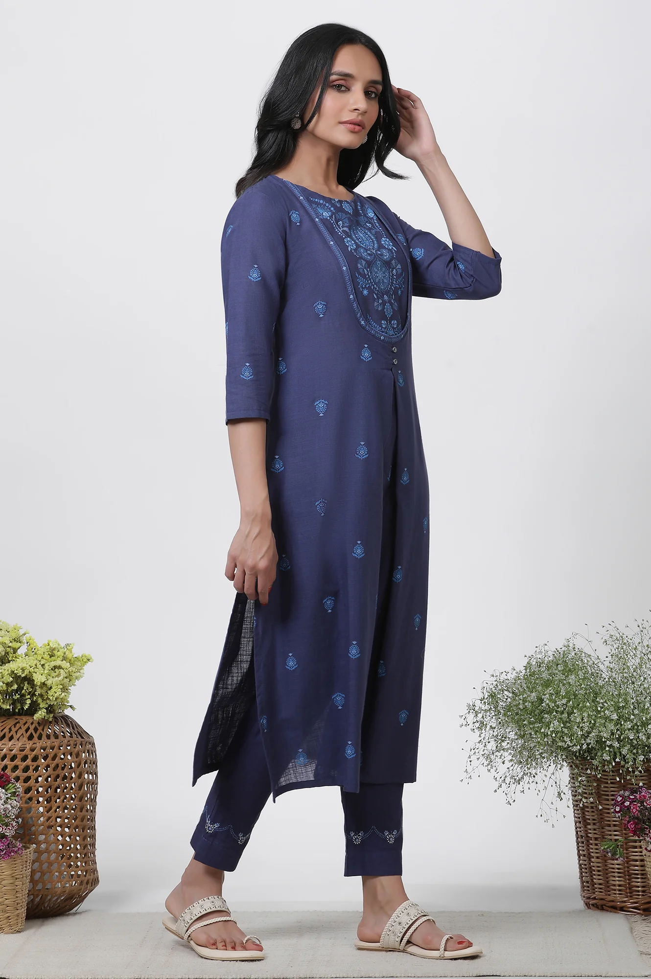Blue Printed Cotton Kurta, Pants And Dupatta Set - Image 5