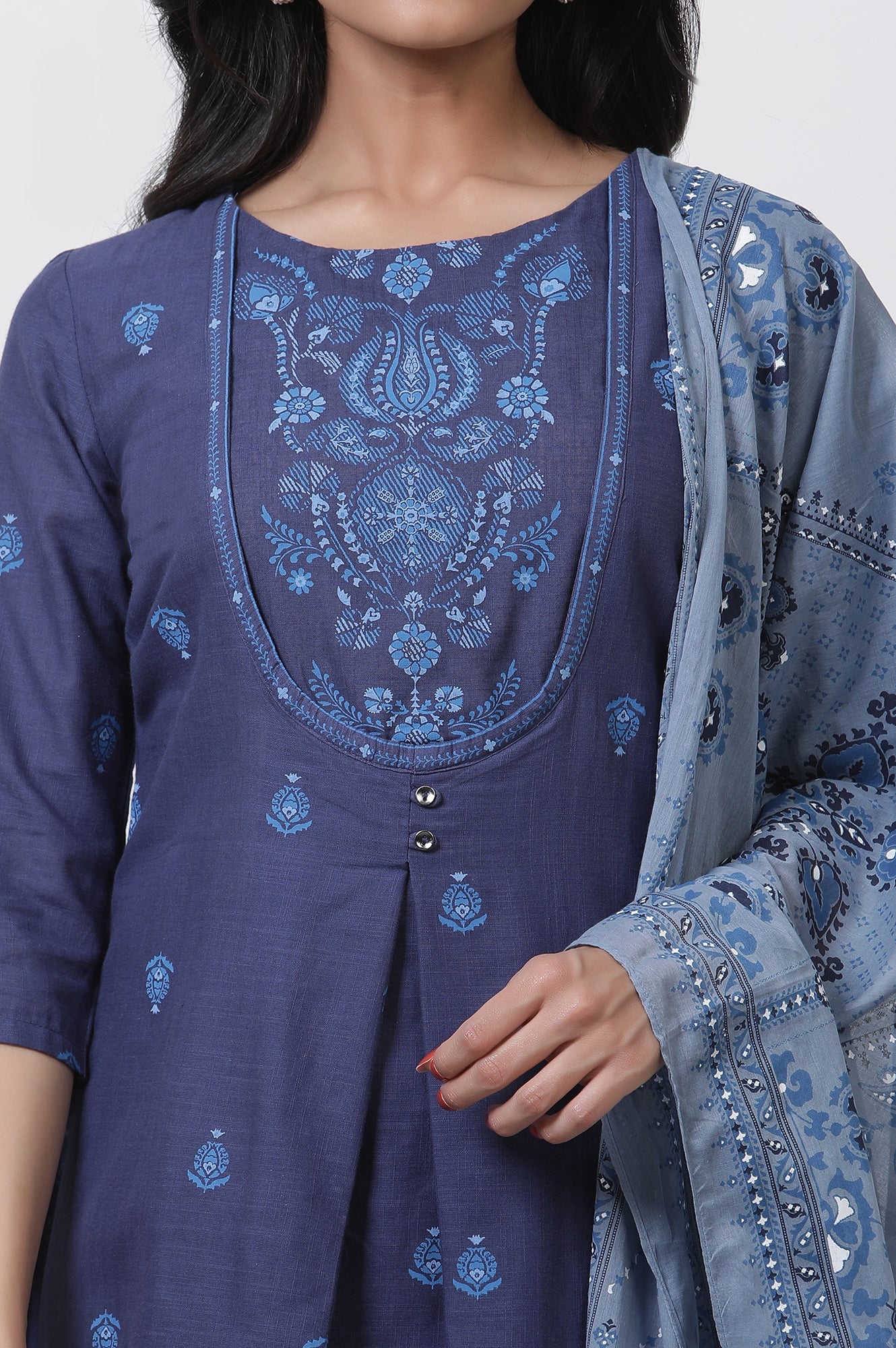 Blue Printed Cotton Kurta, Pants And Dupatta Set - Image 6