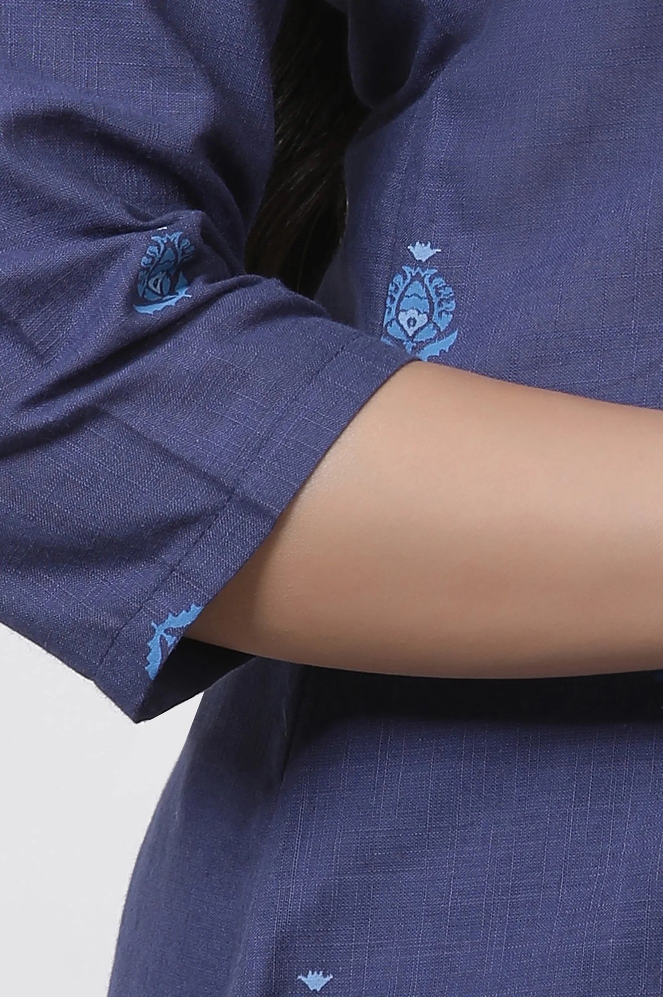 Blue Printed Cotton Kurta, Pants And Dupatta Set - Image 7