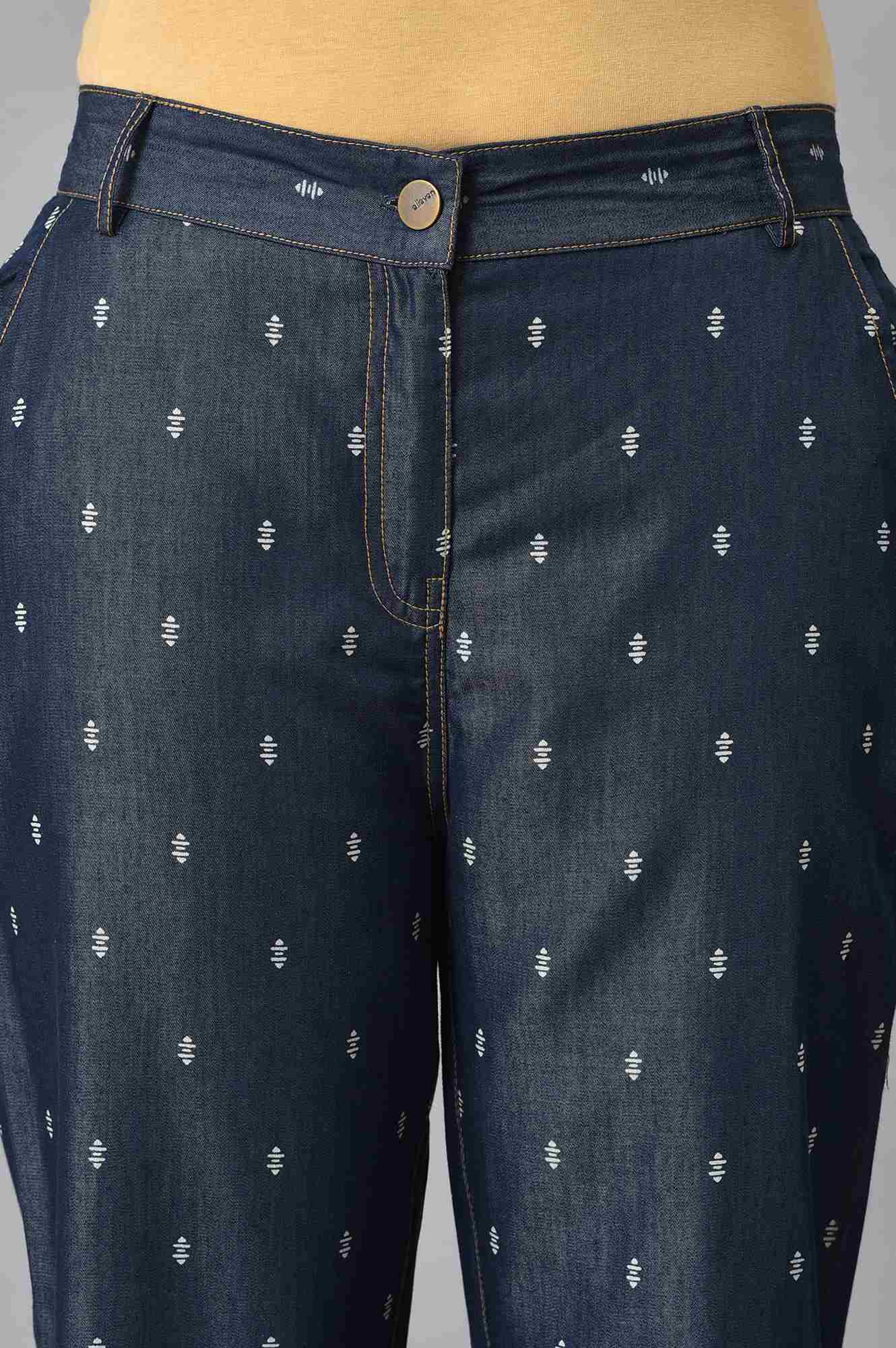 Elleven Women's Navy Blue Geometric Printed Straight Fit Denim Pants With Elasticated Waistband - Image 6