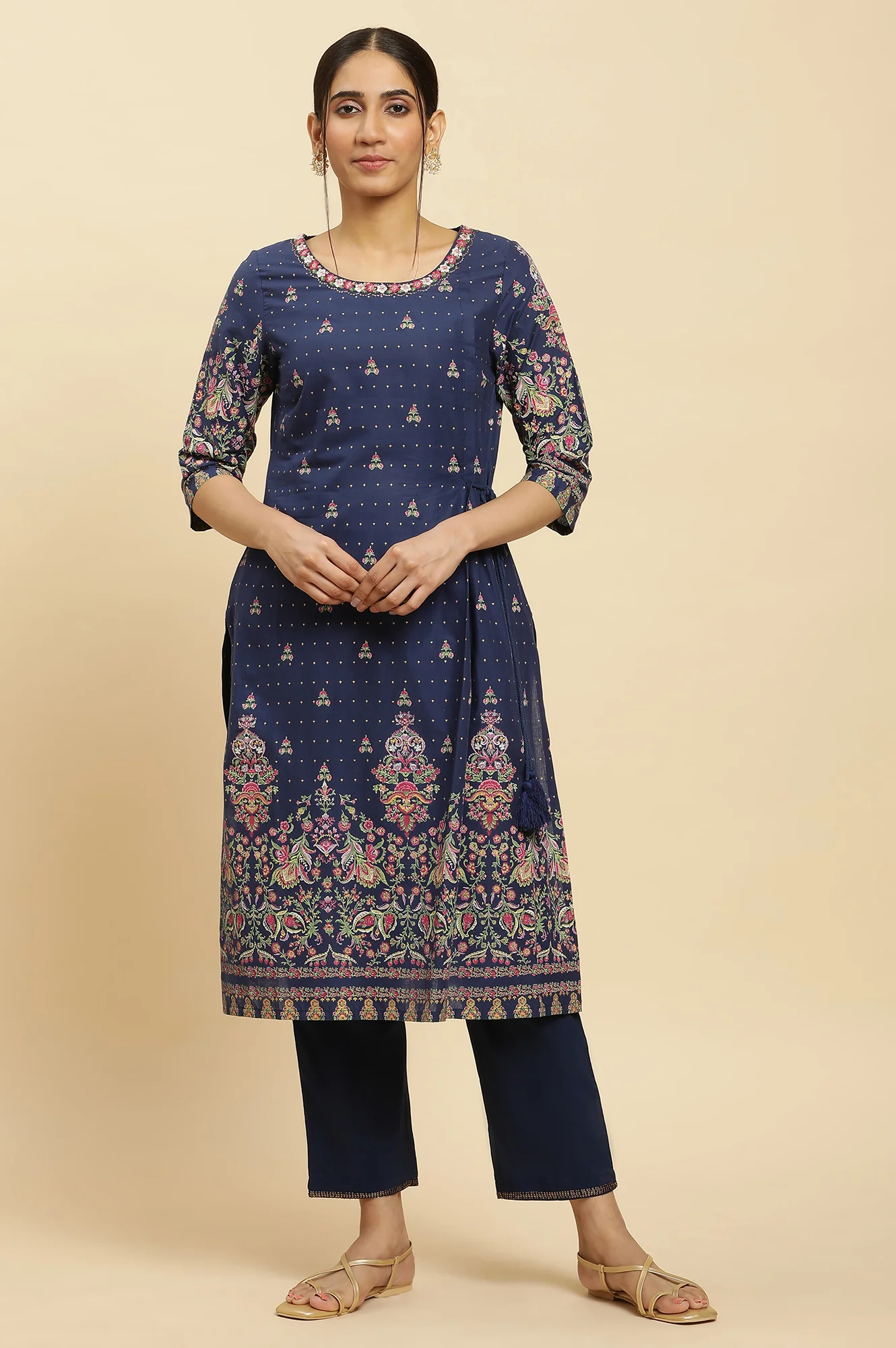 Blue Printed Festive Kurta Wirh Side Tie-Up Design - Image 3