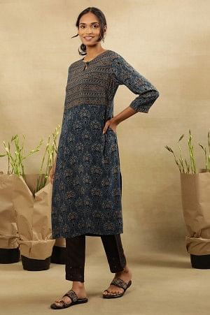 Blue Printed Kurta With Border Print Yoke - Image 3
