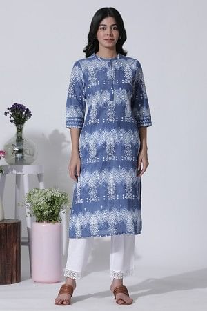 Blue Printed Tie-Dye Cotton Kurta And Straight Pants Set - Image 2