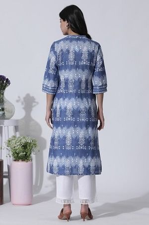 Blue Printed Tie-Dye Cotton Kurta And Straight Pants Set - Image 4