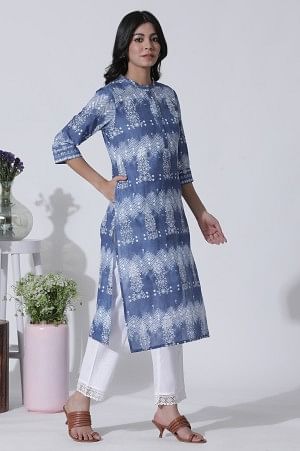 Blue Printed Tie-Dye Cotton Kurta And Straight Pants Set - Image 5