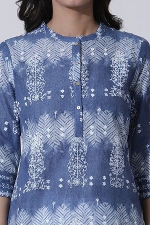 Blue Printed Tie-Dye Cotton Kurta And Straight Pants Set - Image 6