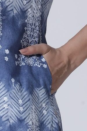 Blue Printed Tie-Dye Cotton Kurta And Straight Pants Set - Image 8