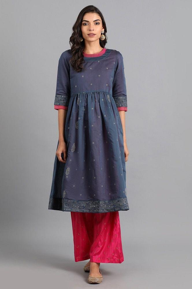 Blue Round Neck Chanderi kurta - Image 2