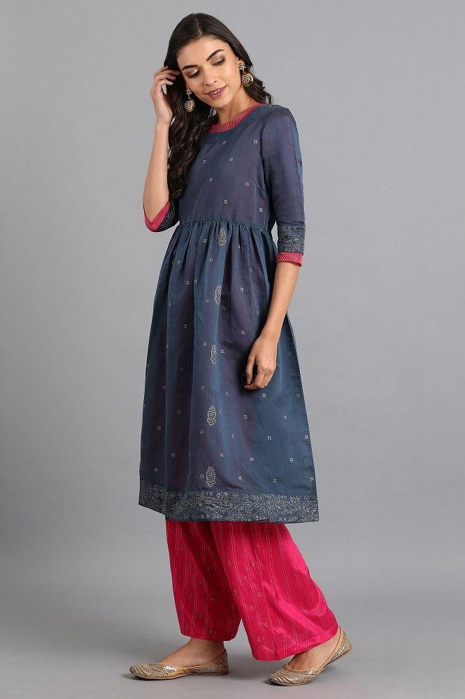 Blue Round Neck Chanderi kurta - Image 3