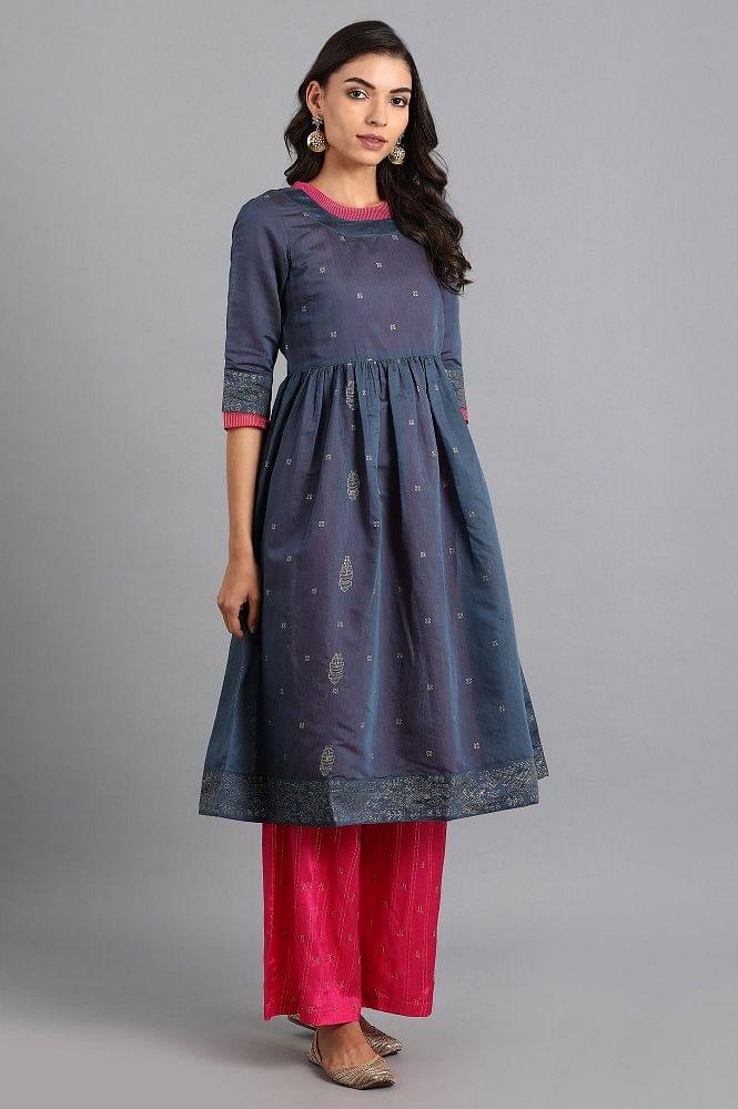 Blue Round Neck Chanderi kurta - Image 4