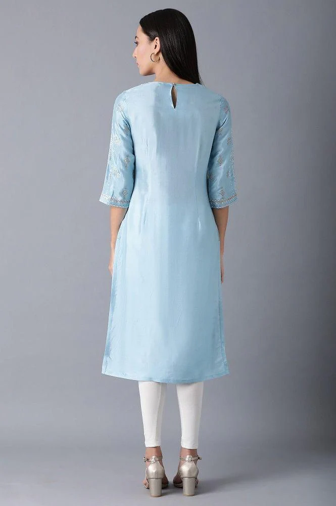 Blue Round Neck Glitter Print kurta - Image 2