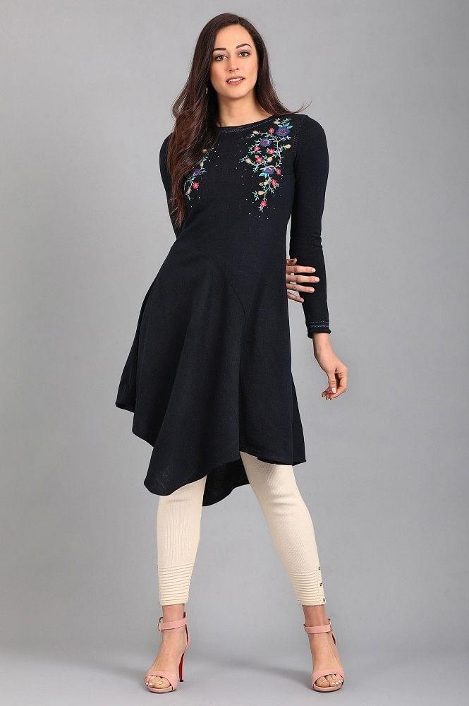 Blue Round Neck Solid Winter kurta - Image 2