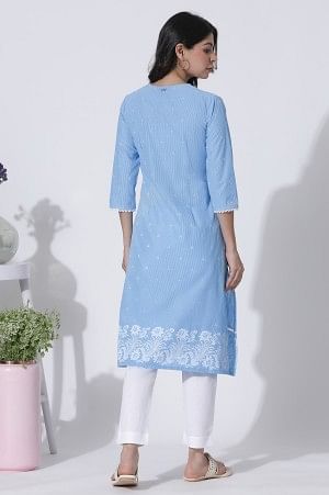 Blue Schiffli Kurta With Overlapping Neckline - Image 4